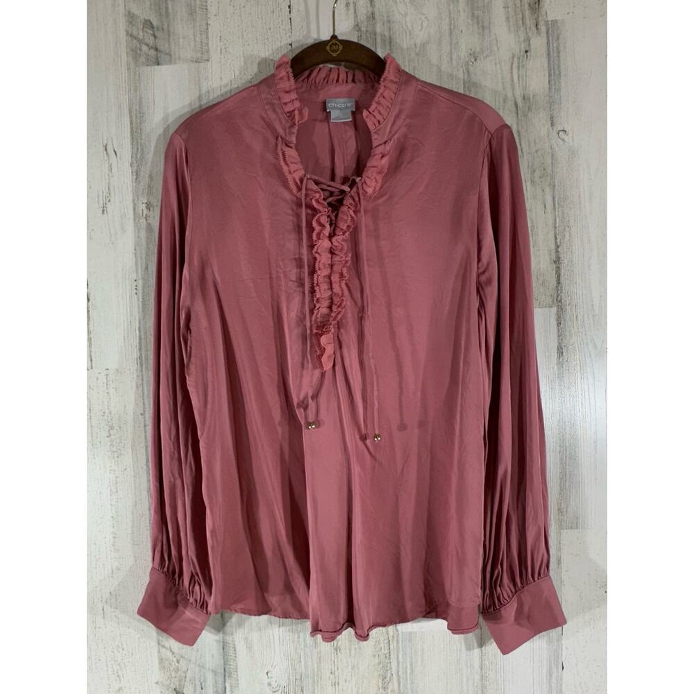 Chicos Blouse Top Size 1 or 8/10 Medium Mauve Pink Ruffle Lace-up Neck‎ Modal